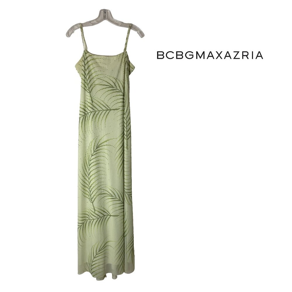 BCBGMAXAZRIA   Maxi Cocktail Dress   Light Green with Palm Leaf Pattern   M
